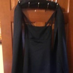 Long dark navy Cachet evening gown with drape shawl